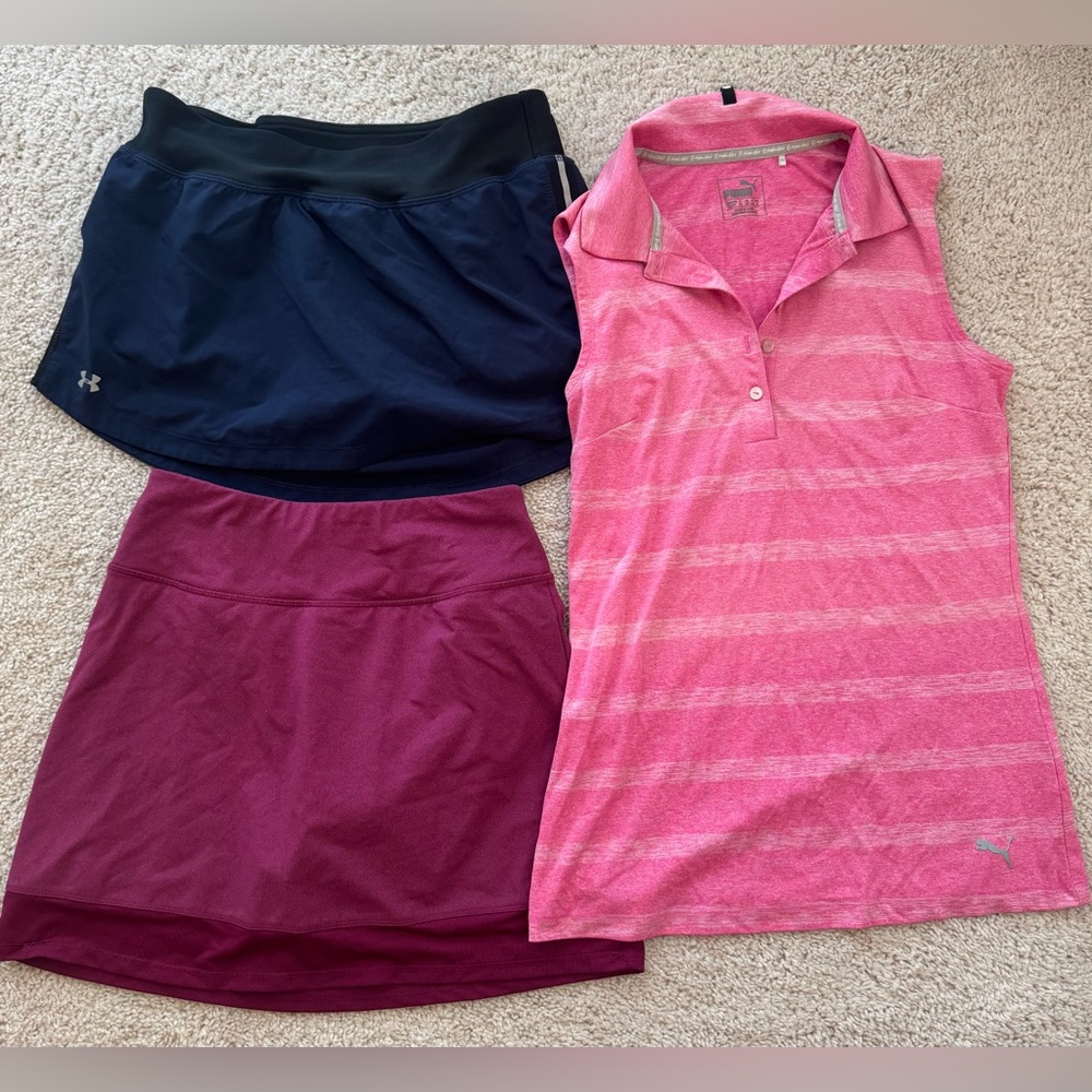 Puma golf polo + set of two skorts under armor, DSG size xs